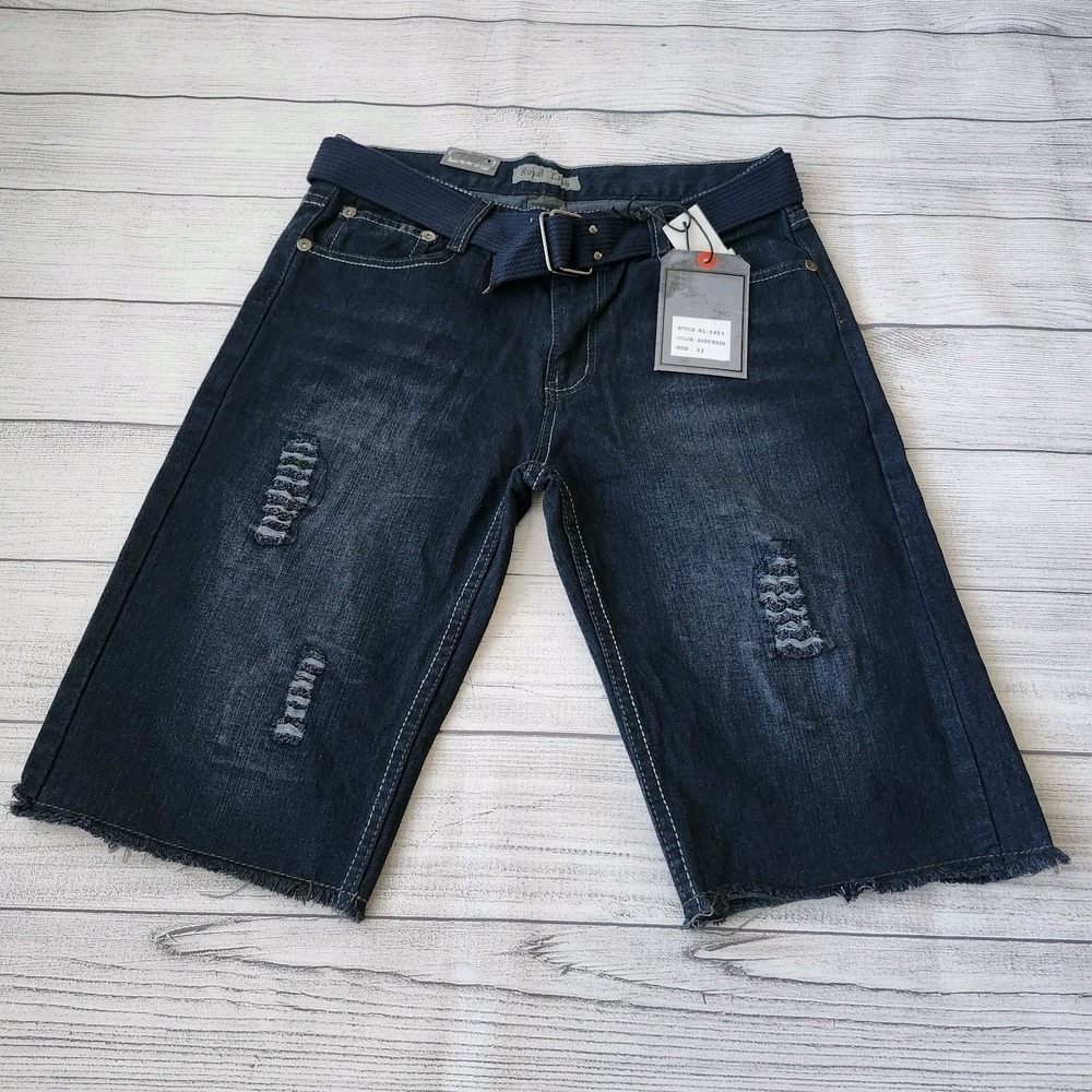 Men's Distressed Dark Blue Wash Denim Shorts Skinny Fit - Picture 1 of 11